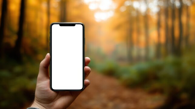 A hand holds a smartphone with a blank screen in a forest. The background features autumn foliage with orange and yellow leaves.