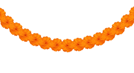 Bright orange marigold flower garland PNG on transparent background, perfect for Day of the Dead, Hindu festivals, Diwali, and spiritual decorations.