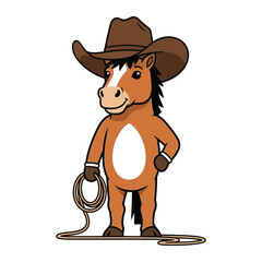 A cheerful cartoon horse character dressed in a western cowboy hat and holding a coiled lasso rope