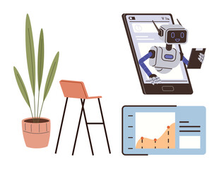 Robot assistant emerging from a smartphone screen, analytics chart with growth data, plant in a pot, and modern chair. Ideal for technology, AI innovation, data, modern workspace, efficiency
