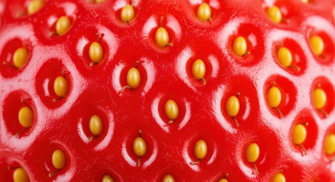 Vibrant Macro Strawberry Surface: Detailed Red Skin with Golden Achenes and Unique Texture