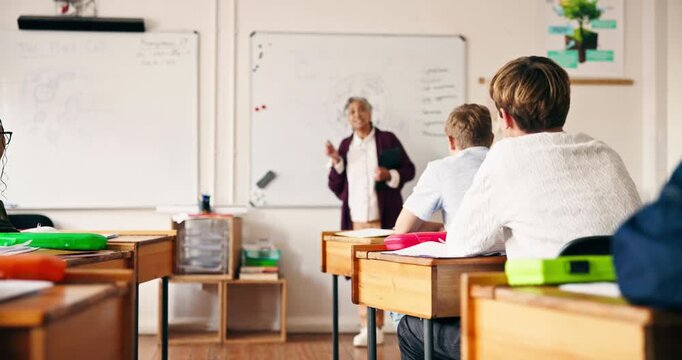 Talking, teacher and woman with whiteboard, classroom and biology lesson for students or explaining. Education, educator and info for plant cell in high school, learn and communication for knowledge