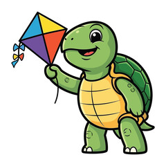 Cute cartoon turtle character happily holding a colorful kite, perfect for children's stories and playful designs