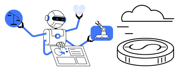 Robot manages justice scales, heart health, robotic arm, digital dashboard, and coin. Ideal for automation, healthcare, finance robotics cloud computing scalability efficiency. Simple flat