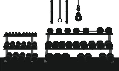 Gym equipment illustration with dumbbells and barbells, weightlifting gear artwork, fitness training design, exercise and workout concept, strength training setup
