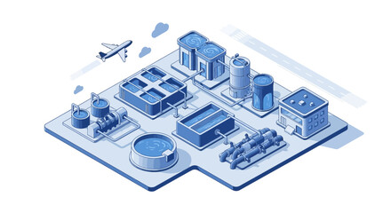 Obraz premium Conceptual water treatment plant isometric illustration with aircraft backdrop