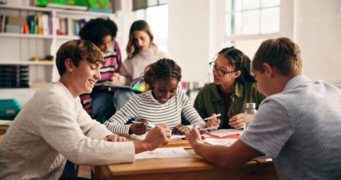 Fist bump, education and students in classroom, support and happiness with creative project. Art session, friends and teens with gesture, high school and knowledge with achievement, smile or learning