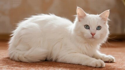 A white cat with blue eyes lying on a carpeted floor