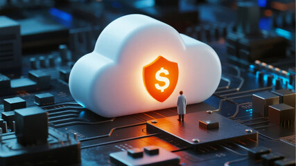 Digital cloud with shield symbol and dollar sign, representing secure financial data storage on a circuit board.