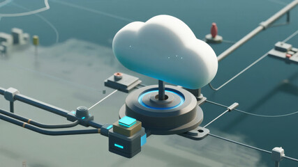 A stylized cloud connected to a network of pipes and electronic components in a futuristic setting