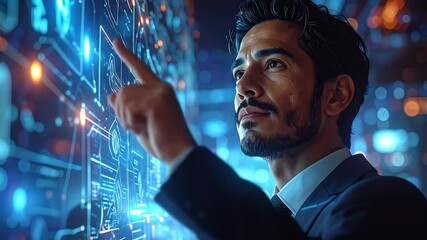 Visionary Businessman Interacting with Futuristic Digital Interface, Innovation. - Powered by Adobe