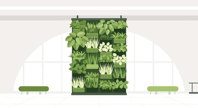 Modern office waiting area with a vibrant vertical garden display