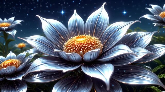 Glowing flowers in a night scene with sparkling blue petals and stamen