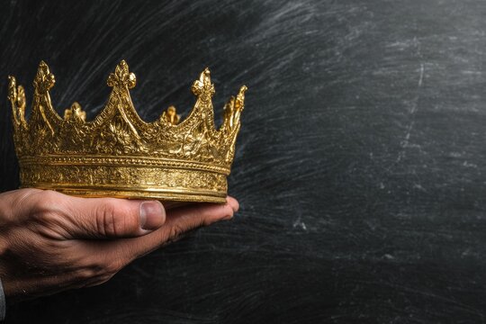 A golden crown held in a hand against a dark, textured background