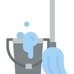 Flat Design Icon of A Light Blue Mop Beside A Gray Bucket Filled With Light Blue Sudsy Water On A Transparent Background For Cleaning Services And Household Chores