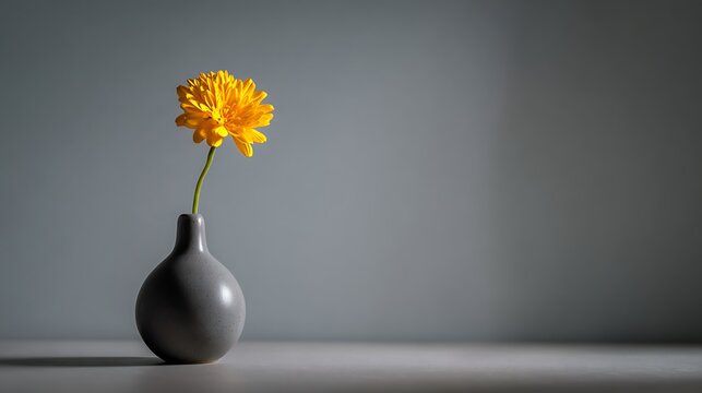 Single vibrant yellow flower in gray vase, on smooth surface