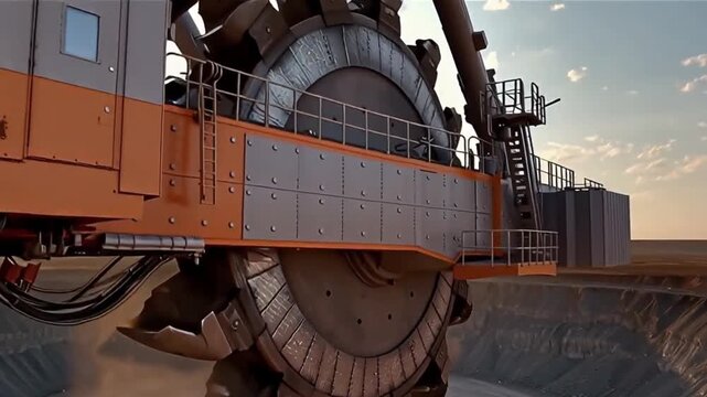 Massive industrial excavator with rotating bucket wheel digging a large pit in a dry, desolate landscape under a clear sky
