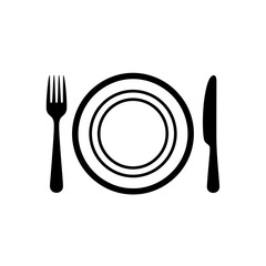A simple black and white illustration of a dinner plate with a fork and knife on either side