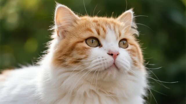 Close-up of a fluffy orange and white cat with green eyes looking upward - Powered by Adobe