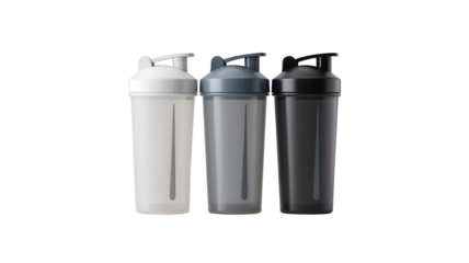 Plastic Shaker Bottles in White, Gray, and Black for Fitness and Supplements Transparent Background PNG