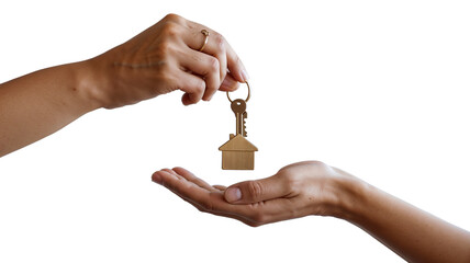 Real Estate Key Handover with House Pendant Between Two Hands on White Transparent
Background PNG