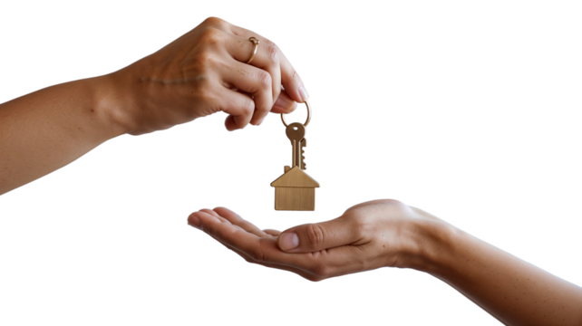 Real Estate Key Handover with House Pendant Between Two Hands on White Transparent
Background PNG - Powered by Adobe