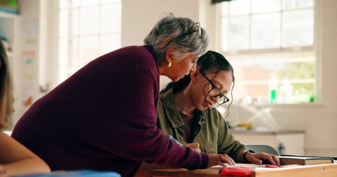 Education, teacher and conversation with student, classroom or advice for assignment, help or learn. Talking, woman and educator with learner in high school, writing and assistance for exam and info