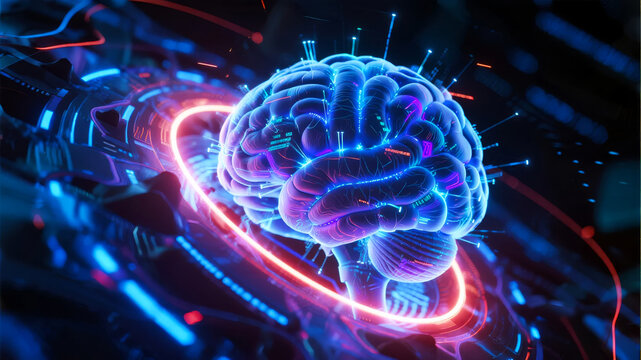 Digital brain with neon circuits and glowing neural pathways in a futuristic technological environment