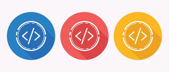 Software Development App Icon With Angle Brackets Blue Red Gold Circle Dashed Long Shadow Line