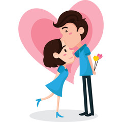 Couple In Blue Outfits Sharing A Tender Moment With A Pink Heart Shaped Outline In The Background And A Man Holding Flowers Behind His Back Expressing Love And Affection