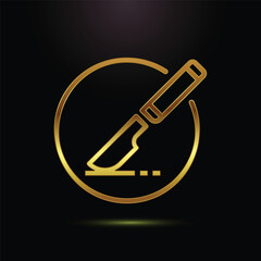 Golden Scalpel Surgery Icon Circle Surgical Procedure Metalic Gloss Cutting Instrument Outline on Black