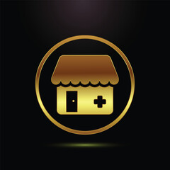 Golden Medical Store Pharmacy Building Icon Outline Metalic Circle HealthCare Facility on Black