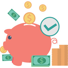 Coral Piggy Bank With Floating Coins And Bills A Check Mark Symbol Signifies Success In Financial Savings And Investment Planning