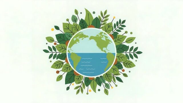 Earth surrounded by green leaves and blue water.