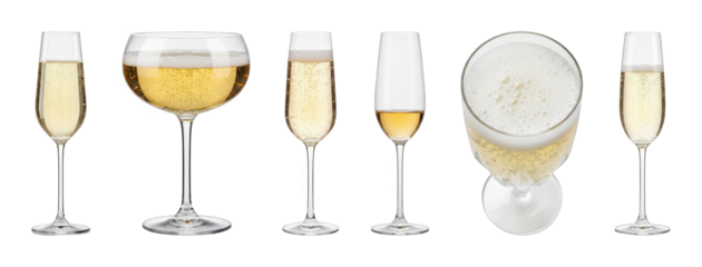 Champagne glass set including flutes, coupe, modern tulip, and top view isolated. Celebration drink collection.