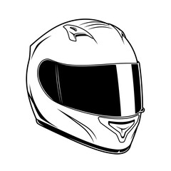 A black and white illustration of a racing helmet