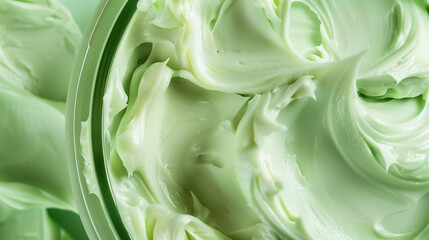 Extreme macro close-up of the light, whipped texture of pistachio body butter in a minimalist ceramic jar for skincare product detail.