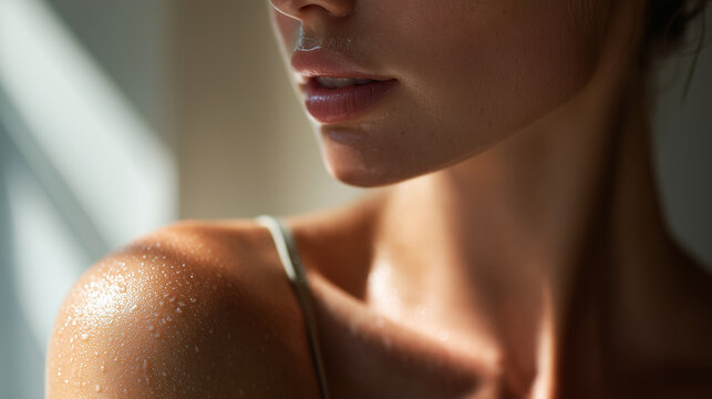 Close up of a woman&rsquo;s glowing sun-kissed skin with nourishing pistachio body butter on her shoulder and collarbone in soft natural sunlight