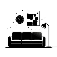 Modern living room interior with a black sofa, abstract art, a wall clock, and a floor lamp, isolated on a, minimalist design