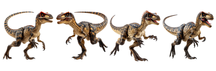Four digitally rendered dinosaurs are in dynamic poses against a black backdrop. They have brown & black coloration, red crests, & open mouths. Their claws and teeth are visible
