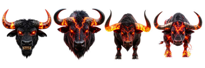 A sequence of four intimidating, dark-furred beasts, each displaying fiery, magma-like veins across their bodies and glowing red eyes, set against a black background. Their horns also emit fire