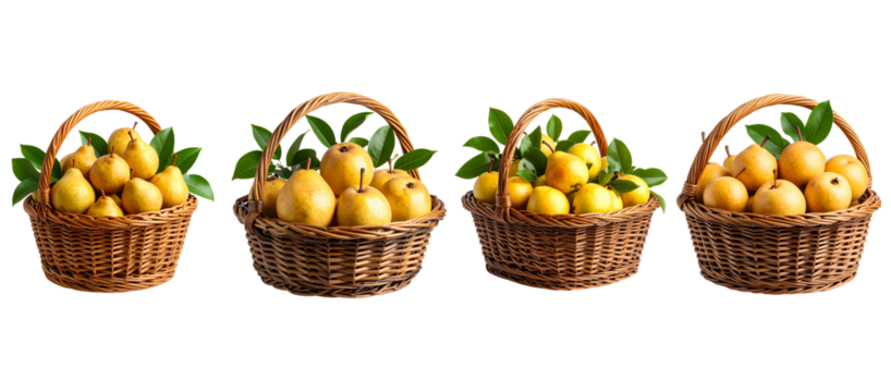 Four woven baskets filled with yellow fruit and green leaves, set against a black background. The baskets vary slightly in size and fruit amounts