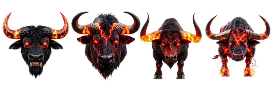 A sequence of four intimidating, dark-furred beasts, each displaying fiery, magma-like veins across their bodies and glowing red eyes, set against a black background. Their horns also emit fire