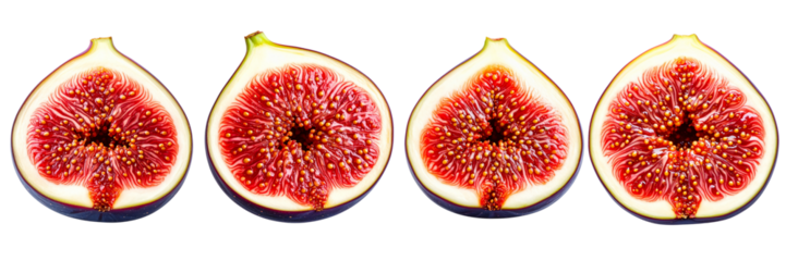 Four halved ripe figs arranged horizontally against a black background. Each fig reveals a deep red interior dotted with seeds and a pale fleshy surround. The outer skin is deep purple