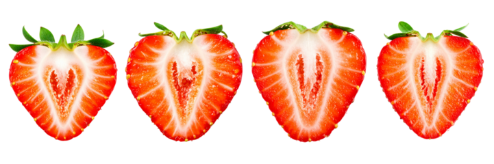 Four halved red berries with green tops, showing internal structure. Deep red flesh with lighter central core, arranged horizontally on black background