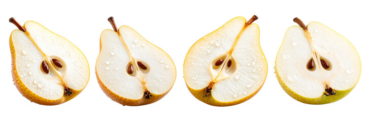 Four pear halves, sliced vertically, showcase flesh & seeds. Each slice has a brown stem and water droplets.  Yellow-green & tan hues contrast against the black background