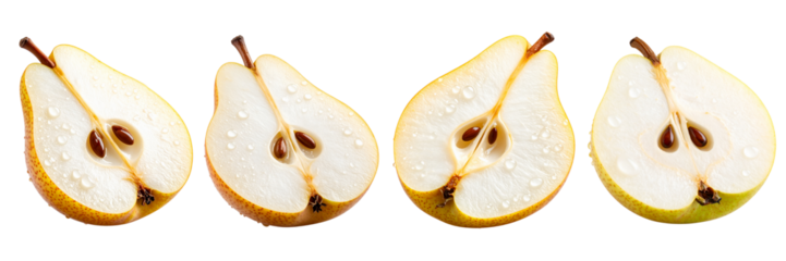 Four pear halves, sliced vertically, showcase flesh & seeds. Each slice has a brown stem and water droplets.  Yellow-green & tan hues contrast against the black background