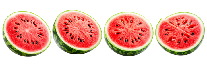 Four vibrant watermelon halves are arranged horizontally, showcasing their juicy red flesh and black seeds against a dark backdrop, with a slice removed from the last one