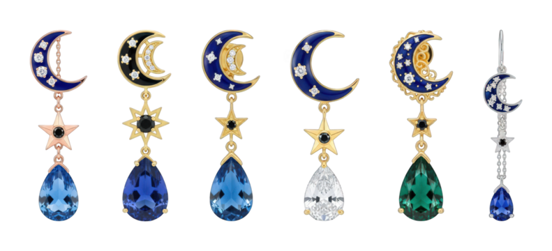Celestial drop earrings set including moon and star designs with colorful gemstones and enamel isolated. Luxury fashion accessory collection.