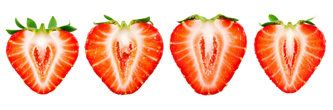 Four halved red berries with green tops, showing internal structure. Deep red flesh with lighter central core, arranged horizontally on black background